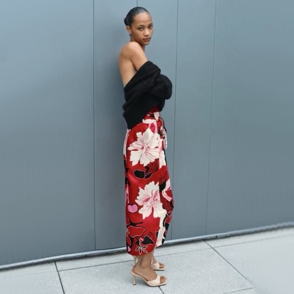 Zara Red Floral Satin Tie Midi Front Wrap Feminine Skirt - Picture 1 of 5